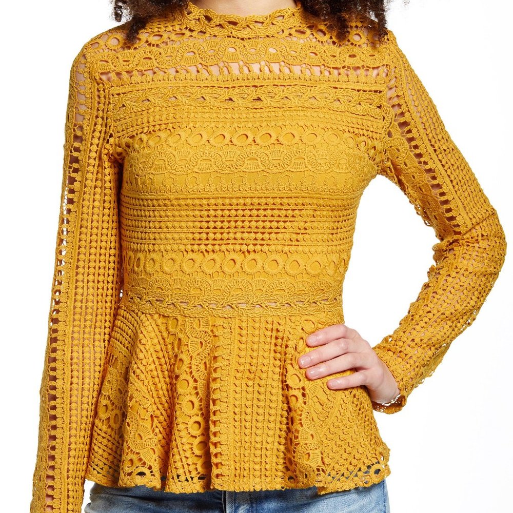 Endless Rose Mustard Yellow Crochet Peplum Long Sleeve Top
